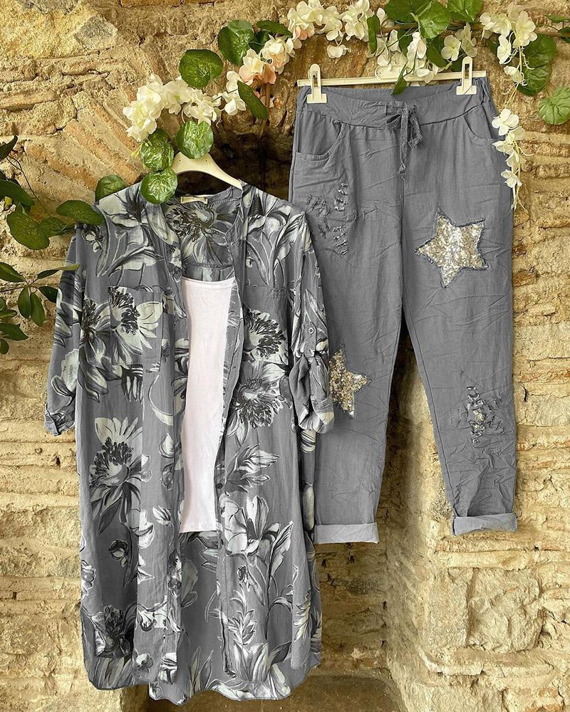 Floral Print Buttons Short Sleeves Two Piece Suit