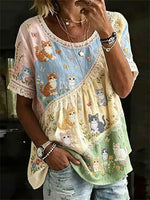 Women's Multi Patchwork Cat Butterfly Floral Embroidery Lace Short Sleeve Blouse
