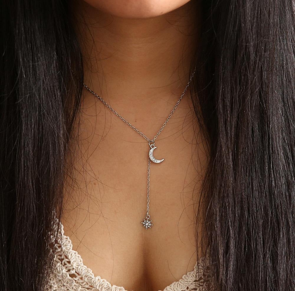 Elegant Moon and Star Layered Pendant Necklace with Rhinestone Details
