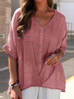 Soild V Neck Cotton and Linen Half Sleeve Casual Blouse