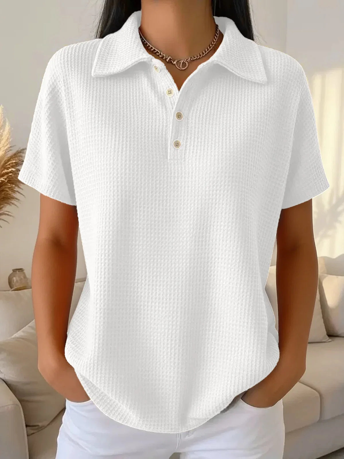 Waffle Shirt Collar Half Placket Short Sleeve Loose Polo T-Shirt