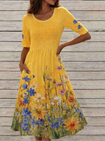 Floral Print Round Neck Half Sleeve Loose High Waist A-Line Cotton Blend Maxi Dress