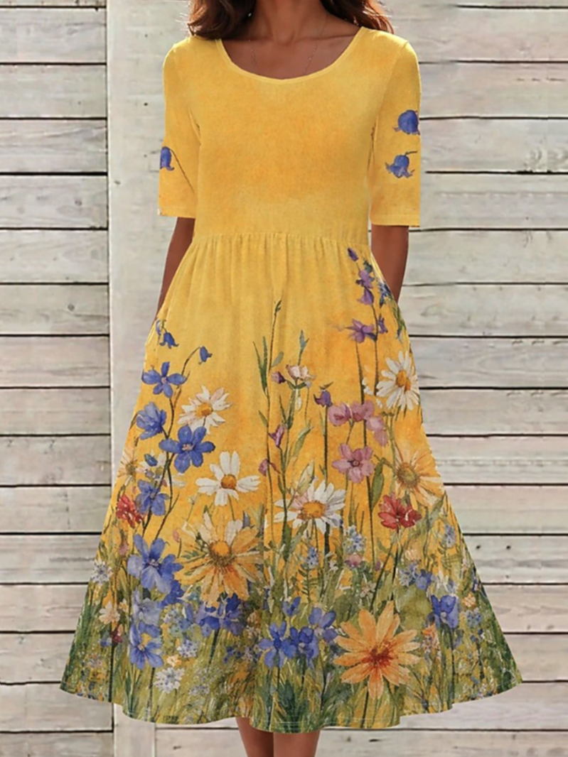 Floral Print Round Neck Half Sleeve Loose High Waist A-Line Cotton Blend Maxi Dress