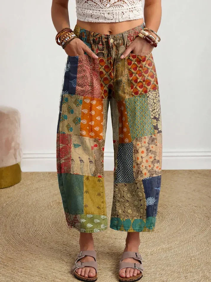 Women Bohemian Floral Patchwork Print Slight Stretch Casual Pants With Patch Pockets