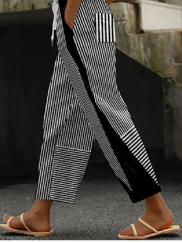 Black Striped H-Line Loose Baggy Casual Long Pants For Spring & Fall