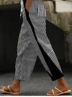 Black Striped H-Line Loose Baggy Casual Long Pants For Spring & Fall