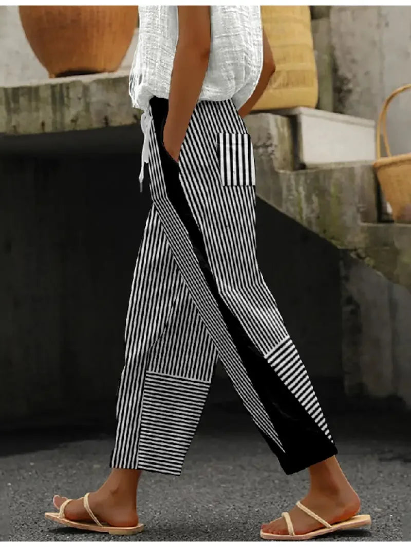 Black Striped H-Line Loose Baggy Casual Long Pants For Spring & Fall