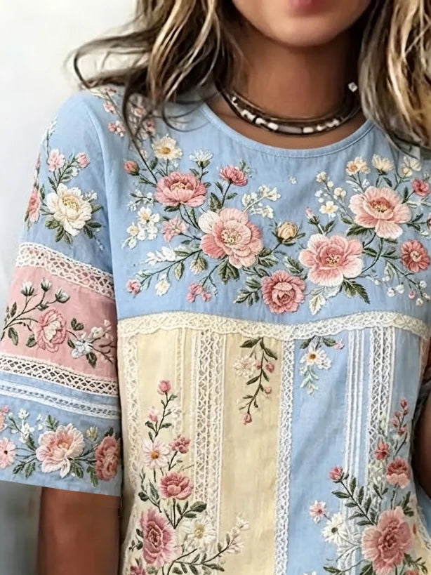 Vintage Floral Print Crew Neck Short Half Sleeve Casual T-Shirt