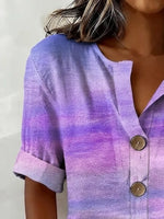Purple Ombre V Neck Half Sleeve Button Down Casual Linen Blend Shirt For Women