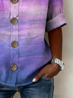 Purple Ombre V Neck Half Sleeve Button Down Casual Linen Blend Shirt For Women