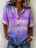 Purple Ombre V Neck Half Sleeve Button Down Casual Linen Blend Shirt For Women
