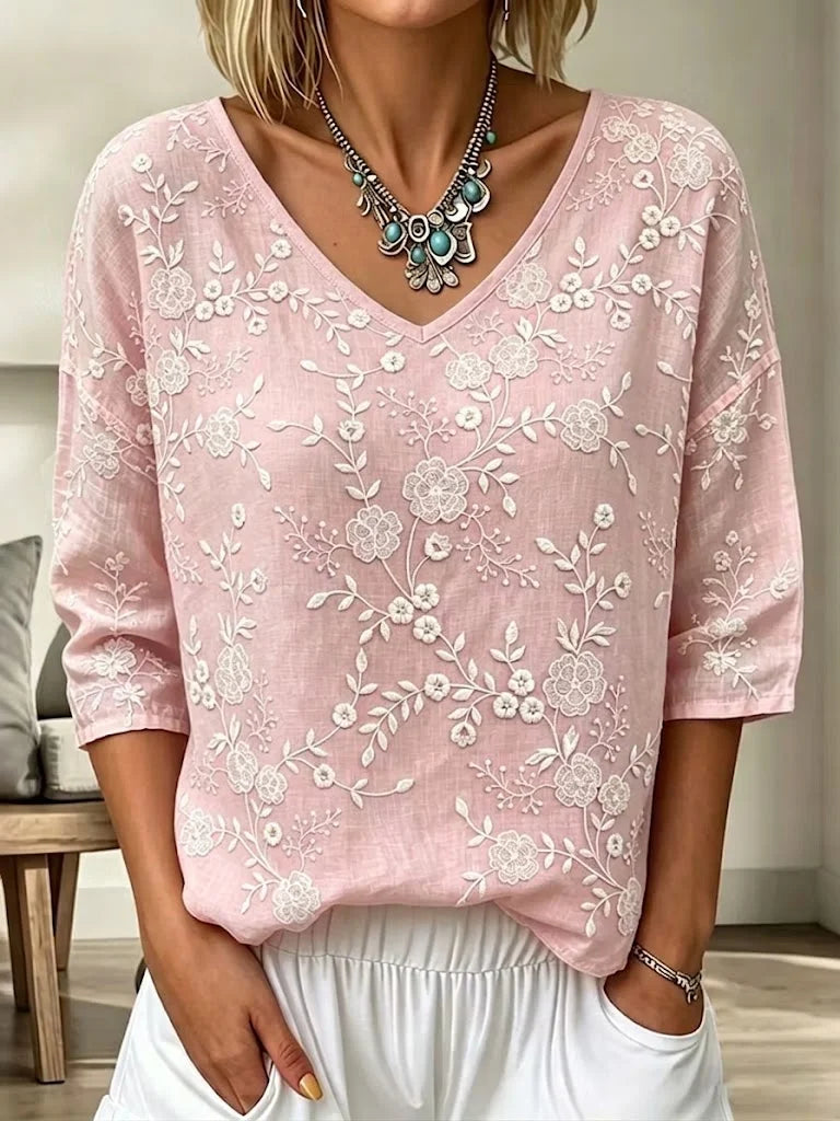 Boho Hollow Floral Embroidery V Neck Three Quarter Sleeve Loose Casual Blouse