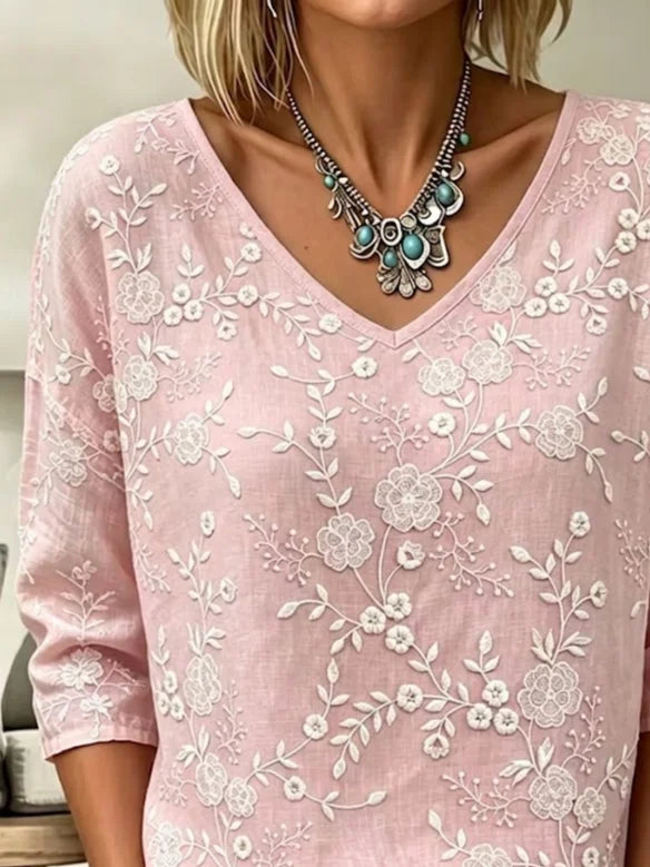 Boho Hollow Floral Embroidery V Neck Three Quarter Sleeve Loose Casual Blouse