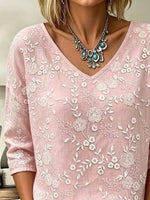 Boho Hollow Floral Embroidery V Neck Three Quarter Sleeve Loose Casual Blouse