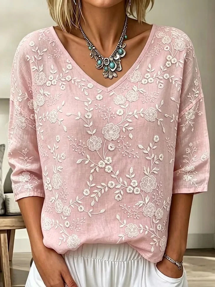 Boho Hollow Floral Embroidery V Neck Three Quarter Sleeve Loose Casual Blouse