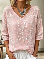 Boho Hollow Floral Embroidery V Neck Three Quarter Sleeve Loose Casual Blouse