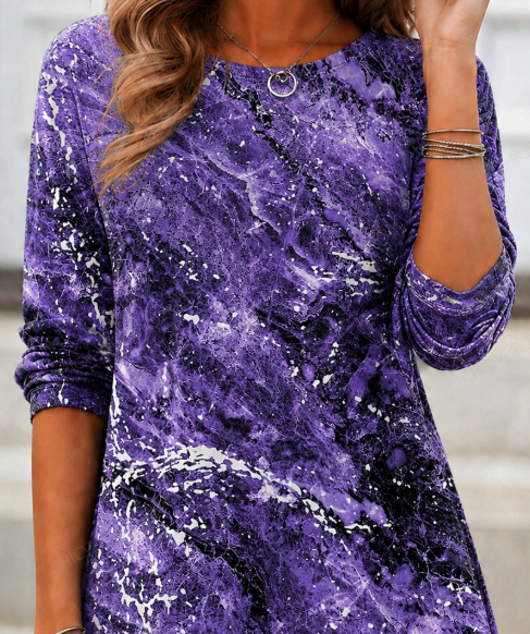 Marble Random Print Crew Neck Regular Fit Long Sleeve Casual Tunic Top