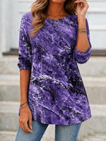 Marble Random Print Crew Neck Regular Fit Long Sleeve Casual Tunic Top