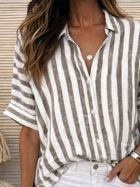 Khaki Vertical Stripe Collared Loose Short Sleeve Button Down Casual Shirt
