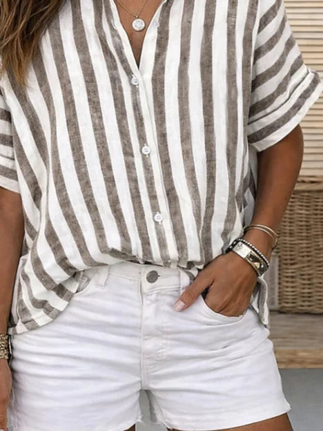 Khaki Vertical Stripe Collared Loose Short Sleeve Button Down Casual Shirt