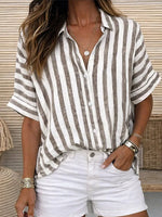 Khaki Vertical Stripe Collared Loose Short Sleeve Button Down Casual Shirt