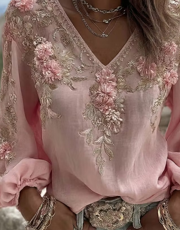 Pink 3D Floral Embroidery V-Neck Lightweight Long Sleeve Loose Elegant Blouse