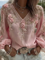 Pink 3D Floral Embroidery V-Neck Lightweight Long Sleeve Loose Elegant Blouse