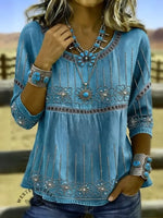Vintage Boho Floral Embroidery Half Sleeve Loose H-Line Blouse