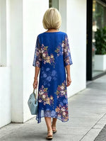 Blue Floral Print Chiffon Layered Round Neck 3/4 Sleeve A-Line Midi Dress For Mature Women