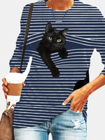 Stripe & Cat Print Long Sleeve Round Neck Slight Stretch T-shirt