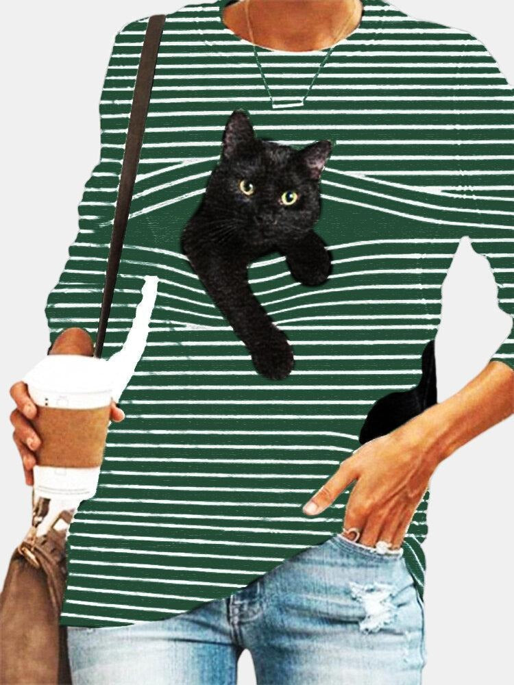 Stripe & Cat Print Long Sleeve Round Neck Slight Stretch T-shirt