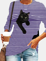 Stripe & Cat Print Long Sleeve Round Neck Slight Stretch T-shirt