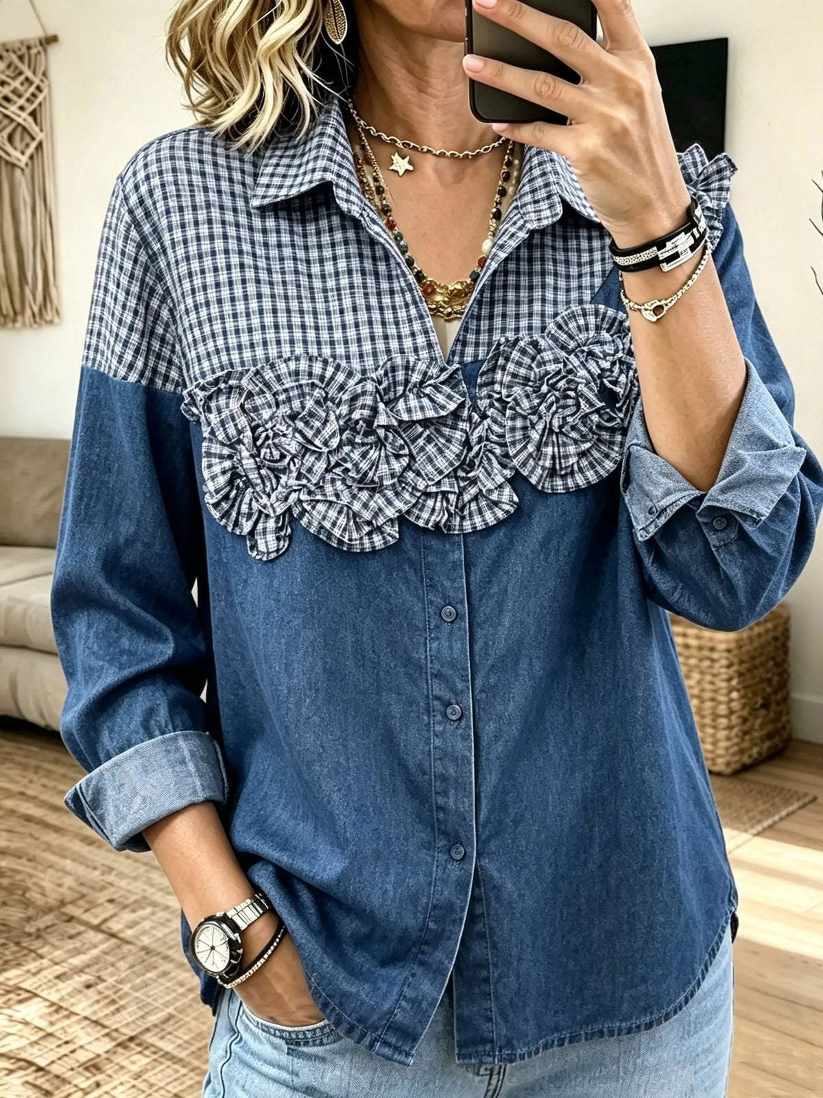 Women Casual Denim Gingham Spliced 3D Ruffle Floral Button?Down Shirt
