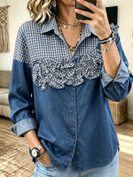 Women Casual Denim Gingham Spliced 3D Ruffle Floral Button?Down Shirt