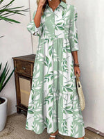 Plants Collared 3/4 Sleeves Comfy Maxi Dress