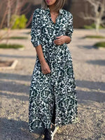 Ethnic Shirt Collar 3/4 Sleeves Comfy Maxi Dress