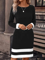Long Sleeve Spring Fall Contrast Stitching Knitted Crew Neck Midi H-Line T-Shirt Dress