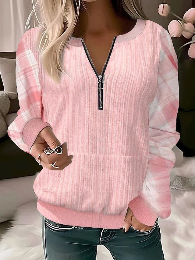 Loose Plaid Crew Neck Zipper Micro-elasticity Casual Sweatshirt