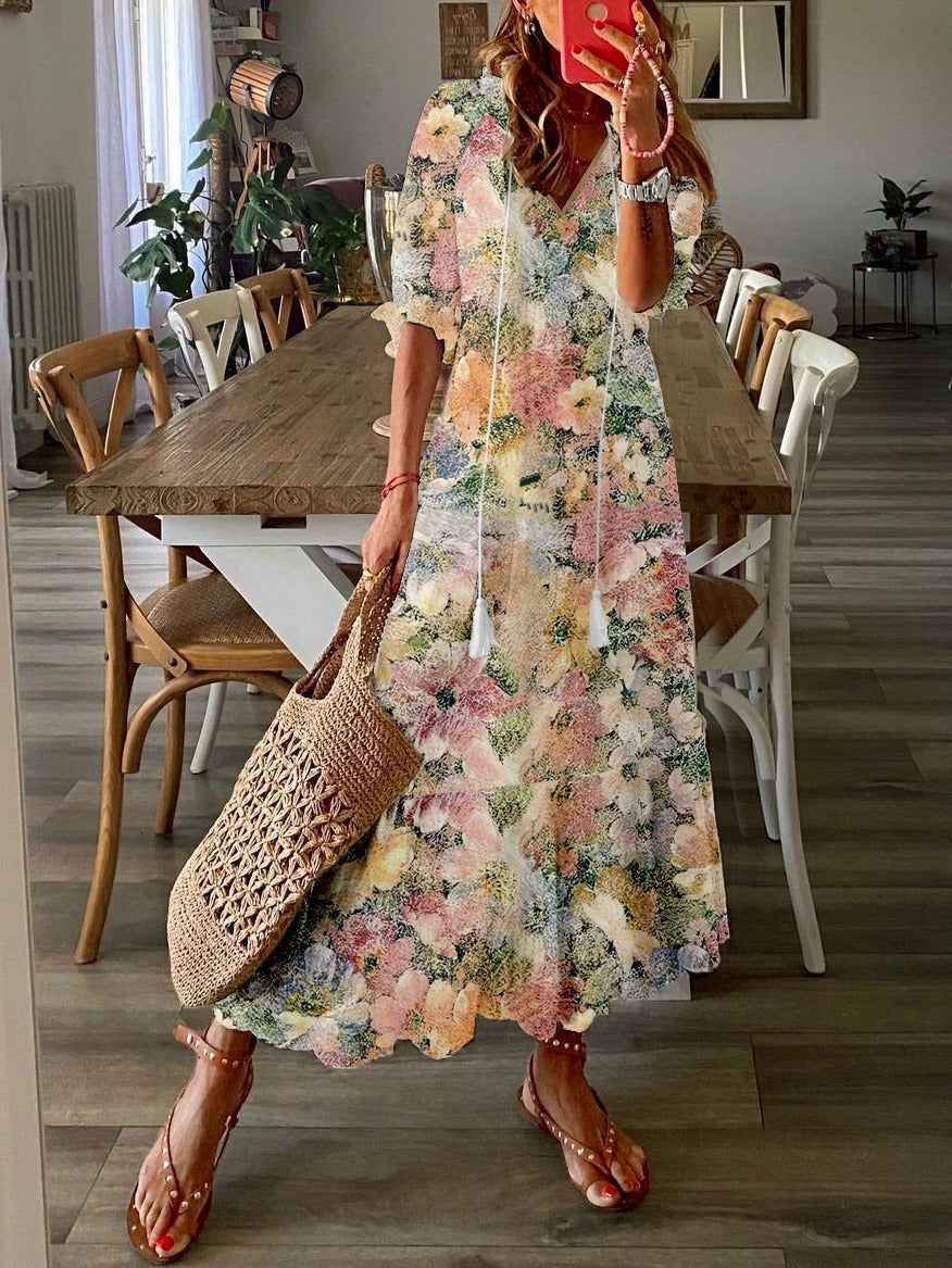 Long Sleeve Floral Loose V Neck Casual Maxi Dress