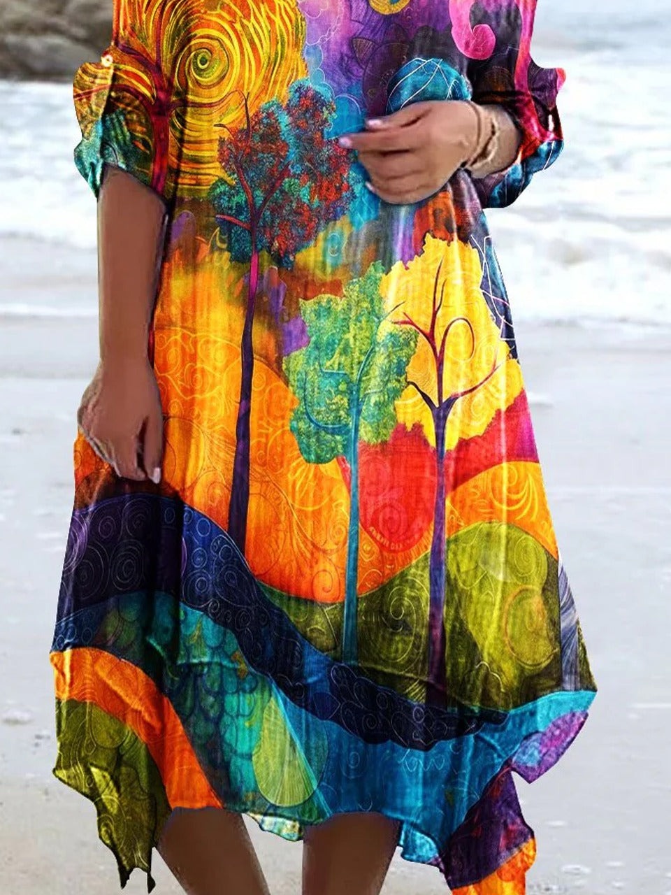 Tree Print Round Neck Long Sleeves Midi Dress