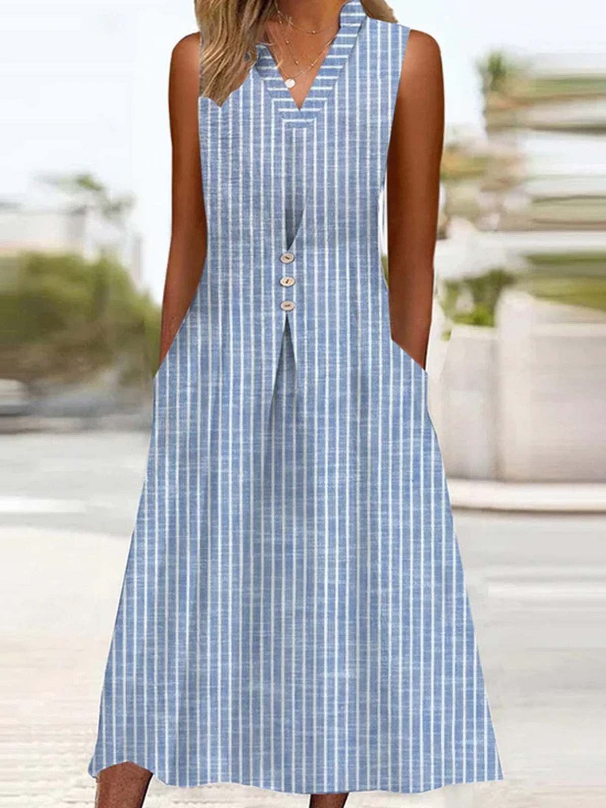 Casual Striped V Neck Sleeveless Button-Embellished Comfy Midi Dress