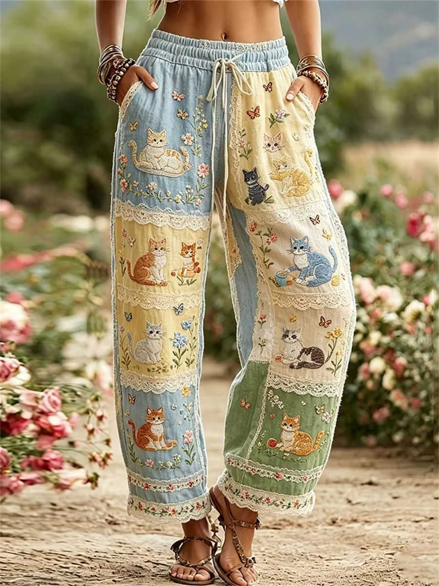 Women's Multi Patchwork Embroidered Cat Butterfly Lace Trim Drawstring Waist Long Pants