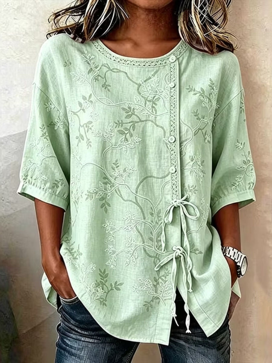 Women's Light Green Vine Leaf Embroidery Lace Trim Round Neck Half Sleeve Drawstring Blouse