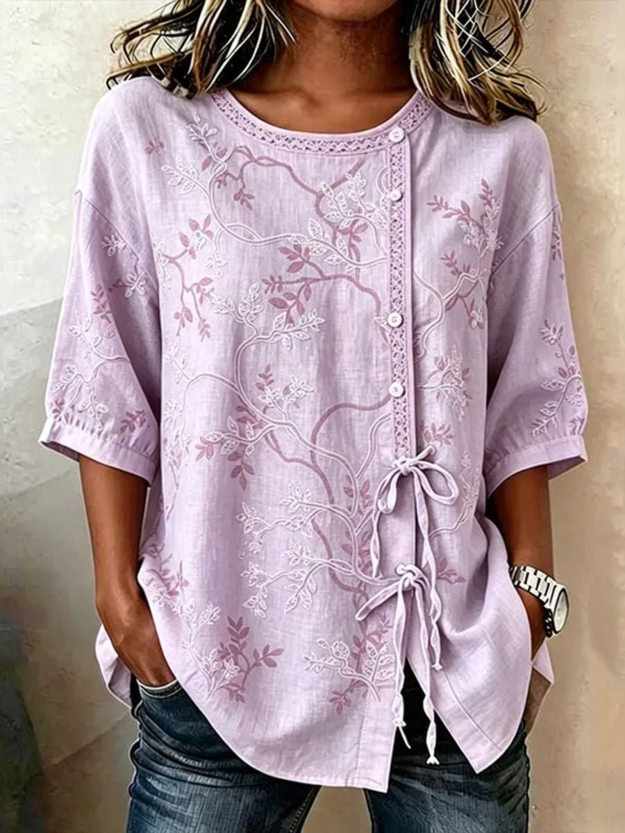 Women's Light Purple Vine Leaf Embroidery Lace Trim Round Neck Half Sleeve Drawstring Blouse