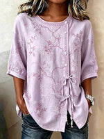 Women's Light Purple Vine Leaf Embroidery Lace Trim Round Neck Half Sleeve Drawstring Blouse