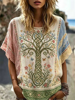Women's Multi Embroidered Tree Lace Trim Round Neck Short Sleeve Blouse