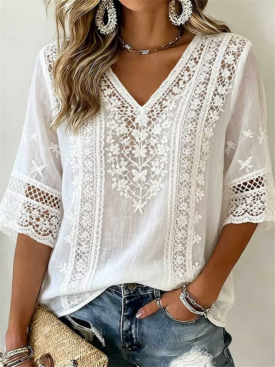 Women's White Floral Embroidered Lace Cutwork Trim V Neck 3/4 Sleeve Blouse