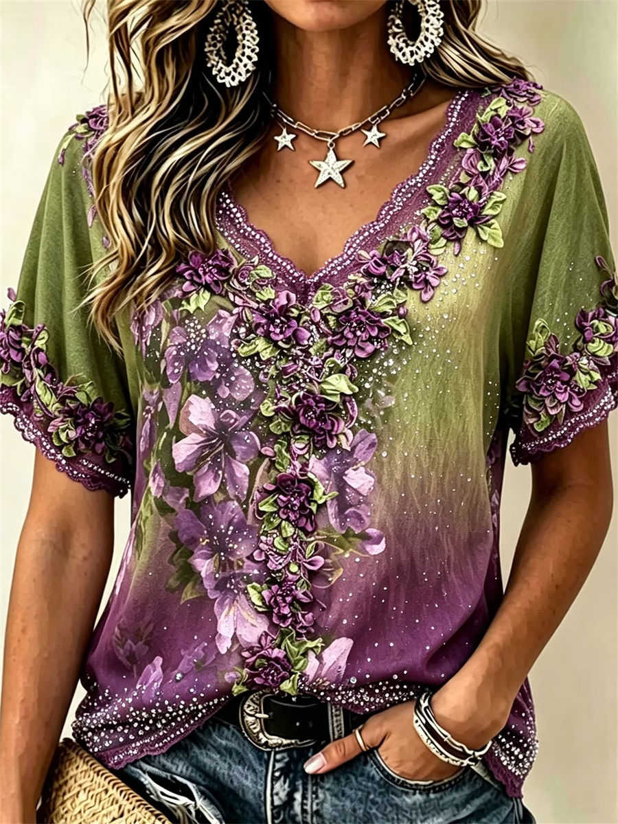 Women's Green Purple Embroidered Floral Rhinestone Lace Trim V Neck Short Sleeve Blouse