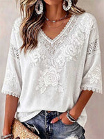 Women's White Floral Embroidered Lace Trim V Neck 3/4 Sleeve Blouse