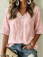 Women's Pink Floral Embroidered Cutwork Trim V Neck 3/4 Sleeve Blouse